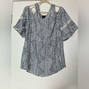 Torrid: boho navy/ white blouse